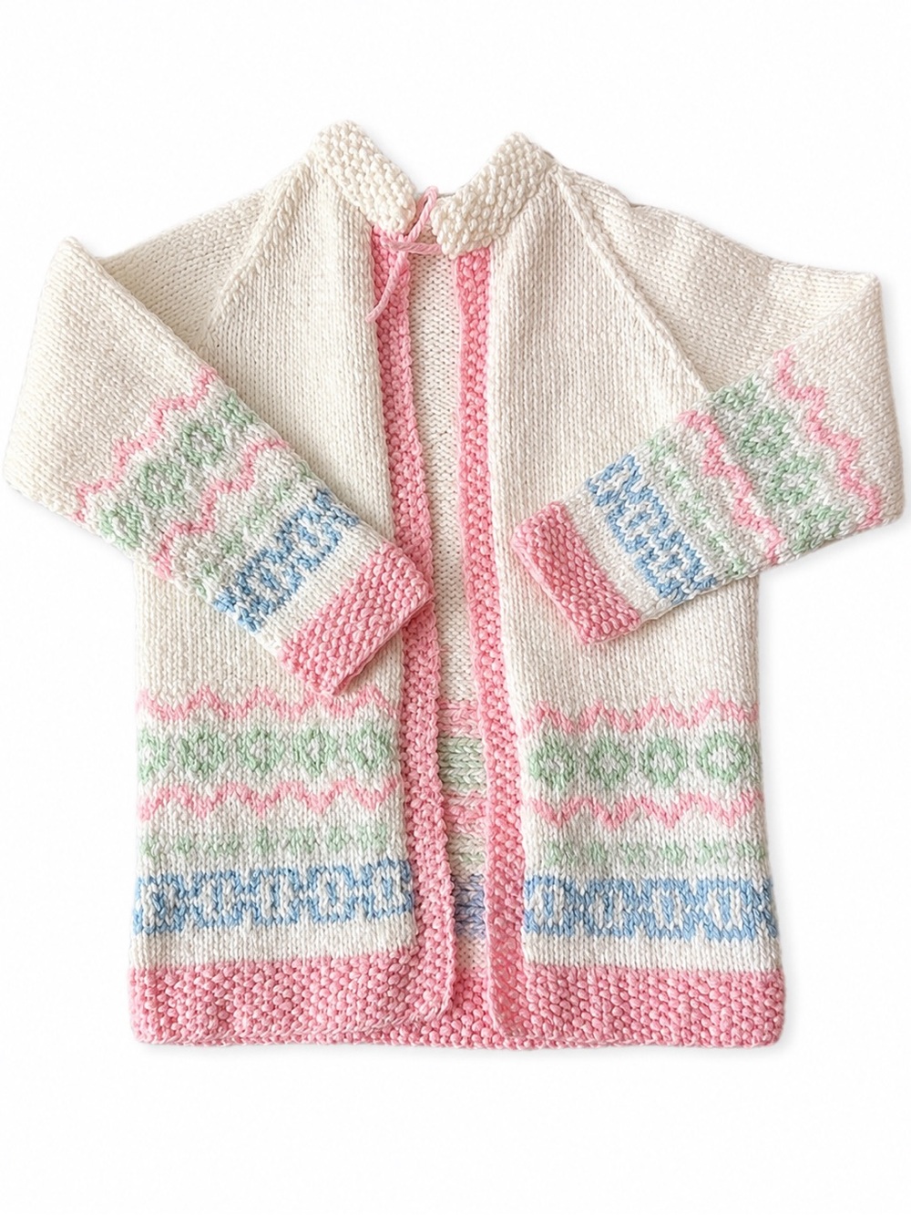 Vintage Handmade Knit Women’s Cardigan Sweater Pastel Tie Front Cottagecore